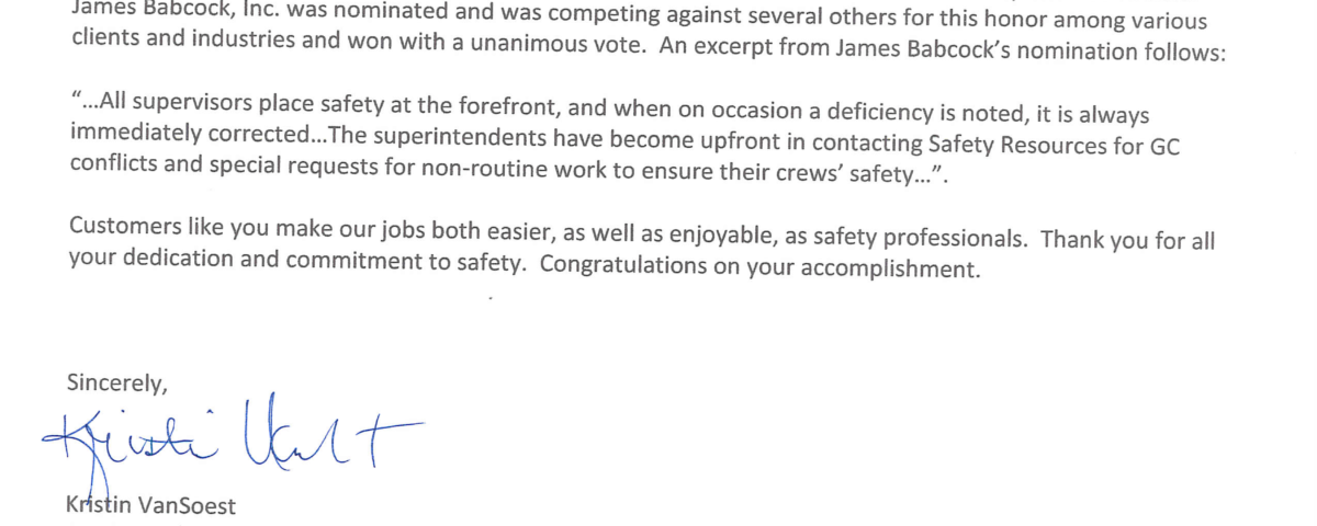 Excellence in Safety Award letter to James Babcock, Inc