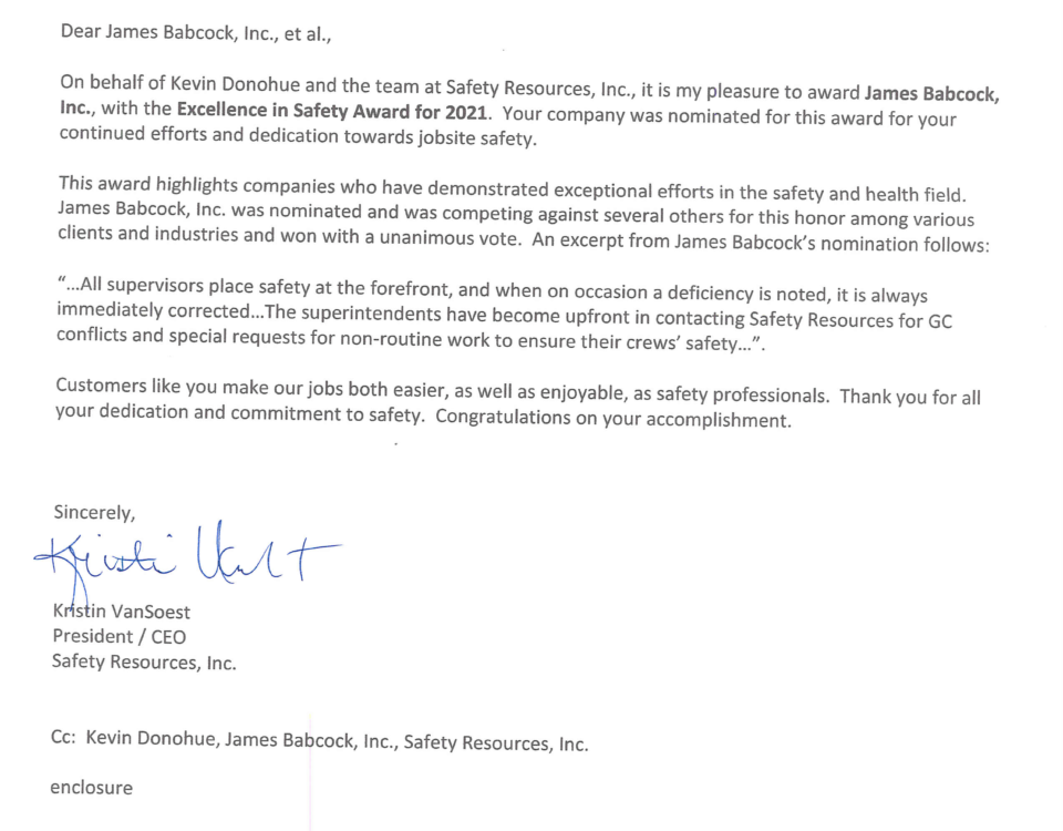 Excellence in Safety Award letter to James Babcock, Inc